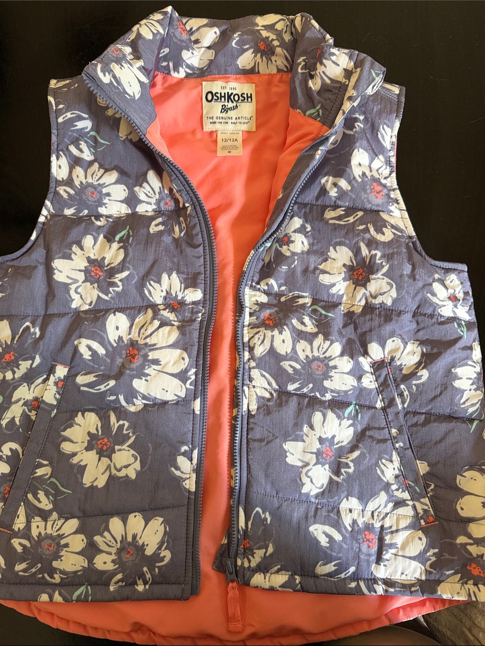 OshKosh B'gosh Navy Floral Quilted Puffer Vest with Coral Lining